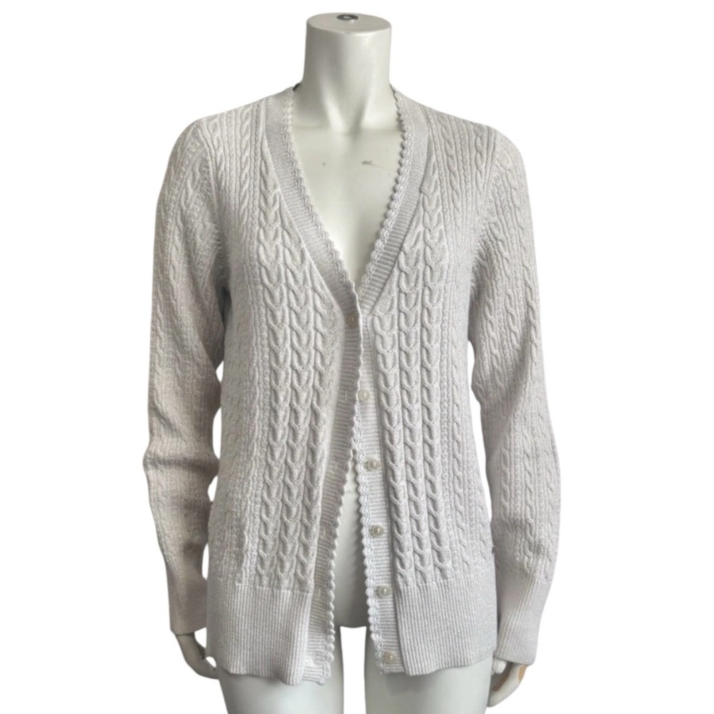 Eddie Bauer Ivory Cable Knit Cardigan Metallic Gold Thread Accents Size Medium - Picture 3 of 14